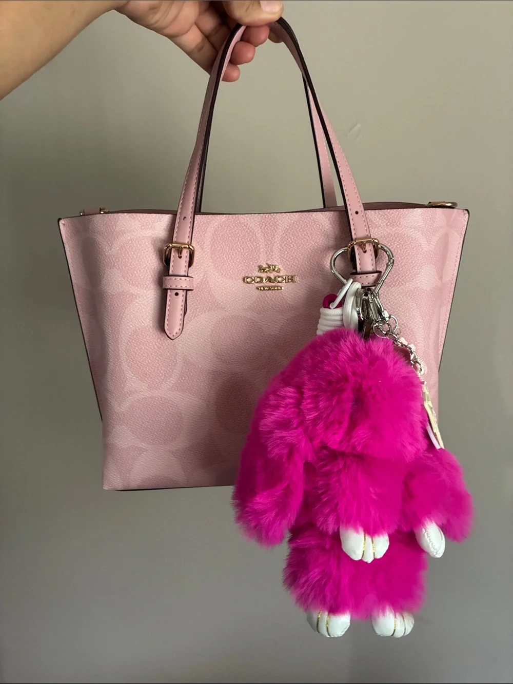 Hot Pink Fluffy Bunny Keychain with Cute Charms